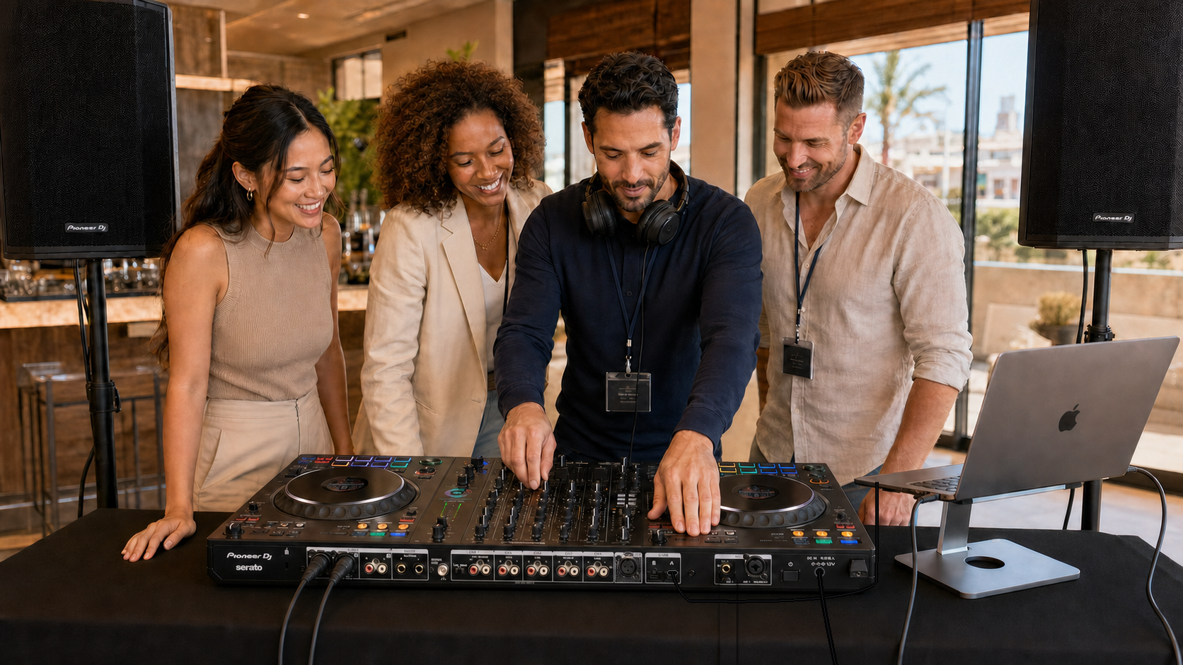 A group gathered around a professional SPUN DJ setup with a Pioneer DJ DDJ-FLX10 controller
